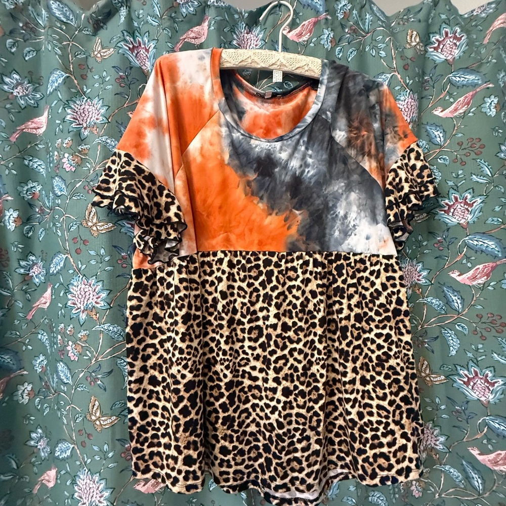 White Birch Vibrant Orange and Black Patterned Top